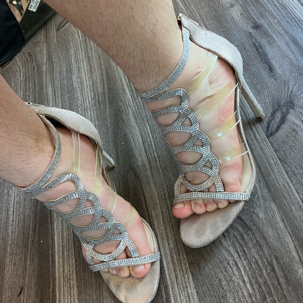 Jessica Simpson Silver Strappy Heels with Intricate Design